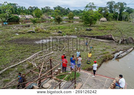 Napo, Peru - July 14, 2015: Cargo Deck Of A Boat Arabela I Which Plies River Napo, Peru. The Crew Bu