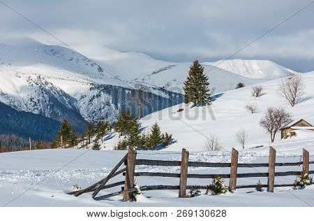 Winter  Morning Scenery Picturesque Mountain Rural Snow Covered Path And Footprint On Hill Top (ukra