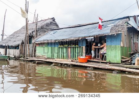 Iquitos, Peru - July 18, 2015: View Of Floating Shantytown In Belen Neigbohood Of Iquitos, Peru.