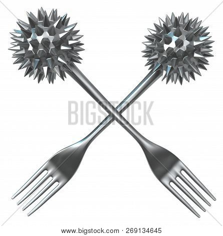 Fork Metal Spiky Balls, 3d Illustration, Horizontal, Isolated, Over White