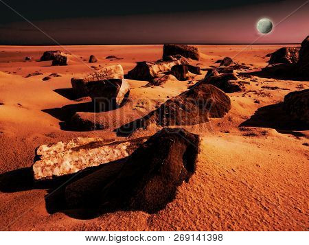 View Of The Red Terrestrial Planet With A Moon