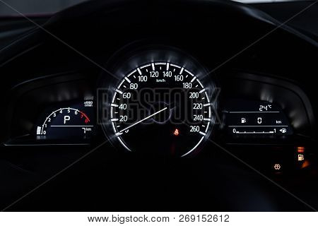 Novosibirsk, Russia - November 16, 2018: Mazda 3, Close-up Of The Dashboard. Photography Of A Modern