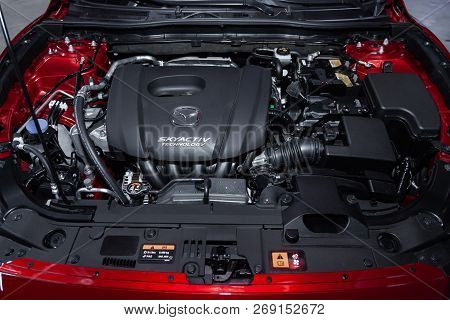 Novosibirsk, Russia - November 16, 2018: Mazda 3, Close-up Of The Engine, Front View. Photography Of