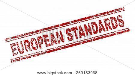European Standards Seal Print With Distress Texture. Red Vector Rubber Print Of European Standards T