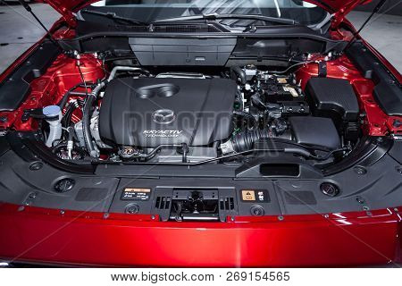 Novosibirsk, Russia - November 16, 2018: Mazda 3, Close-up Of The Engine, Front View. Photography Of