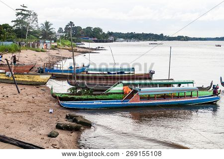 St Laurent Du Maroni, French Guiana - August 4, 2015: Ferry Boats Crossing Maroni Marowijne River To