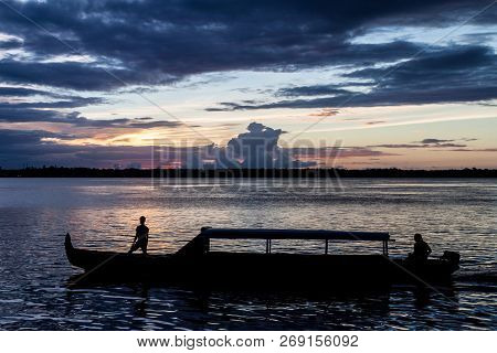 Ferry Boat Crossing Maroni Marowijne River To Suriname In St Laurent Du Maroni, French Guiana.