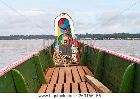 Small Ferry Crossing Maroni Marowijne River To Suriname In St Laurent Du Maroni, French Guiana.