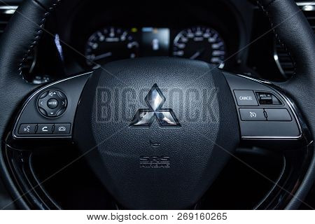 Novosibirsk, Russia - November 16, 2018: White Mitsubishi Outlander, Close-up Of The Dashboard And S