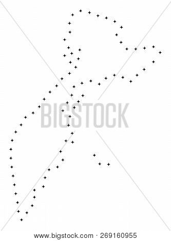 Vector Stroke Dotted Kamchatka Peninsula Map In Black Color, Small Border Points Have Diamond Shape.