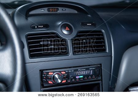Novosibirsk, Russia - November 16, 2018: Nissan Almera, Close-up Of The Dashboard. Photography Of A 