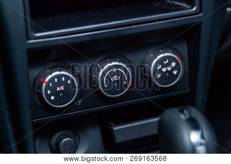 Novosibirsk, Russia - November 16, 2018: Nissan Almera, Close-up Of The Dashboard. Photography Of A 