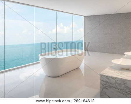 Minimal Loft Bathroom 3d Render,there Are White Floor,concrete Tile Walll And Round Bathtub,there Ar