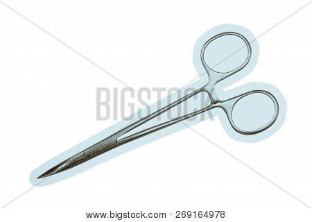 Pean Clamp Close-up On White Background. Isolated Image Of Surgical Clamp. Vintage Image Of Medical 