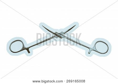 Pean Clamp Close-up On White Background. Isolated Image Of Surgical Clamp. Vintage Image Of Medical 