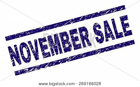November Sale Seal Print With Scratced Style. Blue Vector Rubber Print Of November Sale Caption With