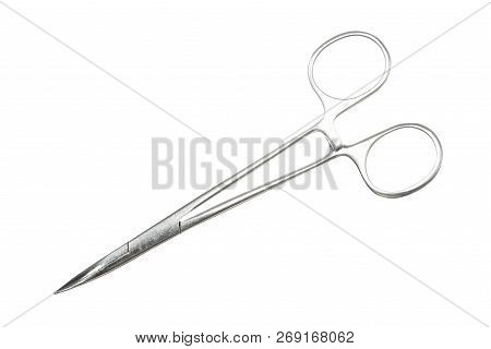 Pean Clamp Close-up On White Background. Isolated Image Of Surgical Clamp. Vintage Image Of Medical 