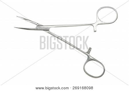 Pean Clamp Close-up On White Background. Isolated Image Of Surgical Clamp. Vintage Image Of Medical 