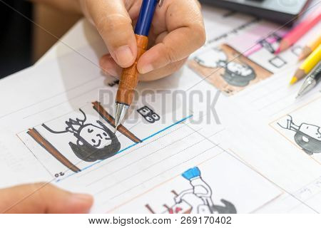 Storyboard Drawing With Pencil Creative Sketch Cartoon. Storyboarding Is Process Image Displayed In 