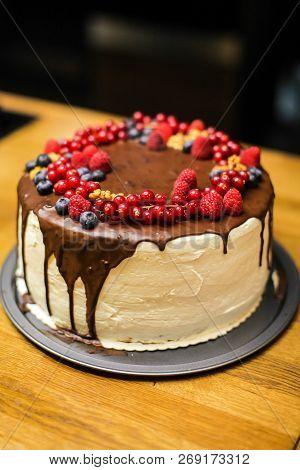 Hand Made Cake With Berries For The Birthday Of Everyone. The Cake Is The Dessert Of The Day That Ma
