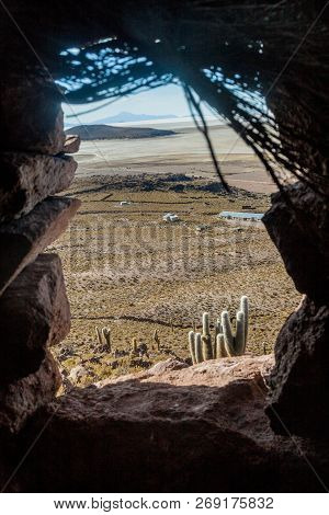 View From A Stone Hut Built Near Puerto Chuvica Village, Bolivia. Salar De Uyuni Visible.