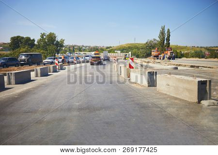 SIMFEROPOL, CRIMEA - JUN 7, 2018: Road congestion on highway to International Airport. Simferopol International Airport is located 17 km north-west from the center of Simferopol.