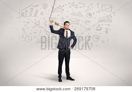 Young burnout businessman with flying documents concept
