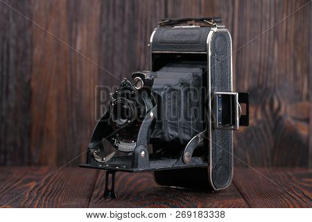 Moscow, Russia, April 18, 2017. The Old German Medium-format Scaling Camera Voigtlander Bessa, Relea