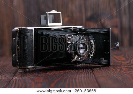 Moscow, Russia, April 18, 2017. The Old German Medium-format Scaling Camera Voigtlander Bessa, Relea