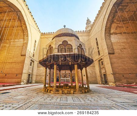 Cairo, Egypt - December 21, 2017: The Courtyard Of Sultan Hassan Mosque-madrasa With Ornamented Ston