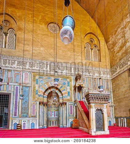Cairo, Egypt - December 21, 2017: The Stunning Summer Prayer Hall Of Sultan Hassan Mosque-madrasa Wi