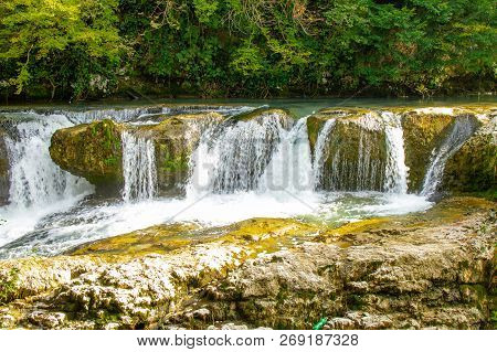Amazing View On Waterfall In The Picturesque Martvili Canyon In Georgia Near Kutaisi. Beautiful Natu
