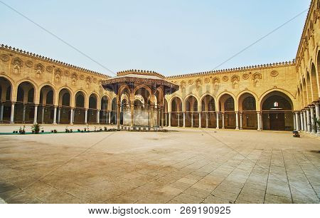 Cairo, Egypt - December 21, 2017:  The Large Courtyard Of Sultan Al-muayyad Mosque With Ablution Fou