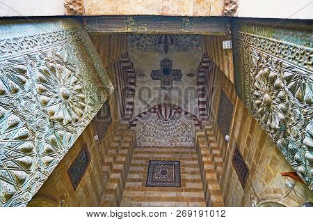 The Iwan (portal) Of Sultan Al-muayyad Mosque With Huge Carved Doors, Scenic Stone Dome, Decorated W