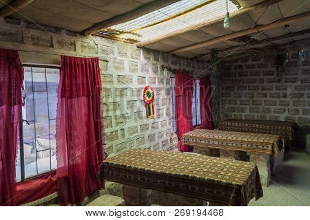 Puerto Chuvica, Bolivia - April 16, 2015: Interior Of A Hotel Made Of Salt Near Salt Plain Salar De 