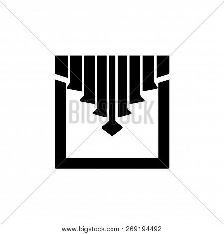 Black & White Vector Illustration Of Fabric Curtain With Central Drapery. Blind With Jabot Cascade. 