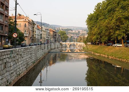 Sarajevo, Bosnia And Herzegovina - August 25, 2012: Sarajevo Cityscape With The Miljacka River And T