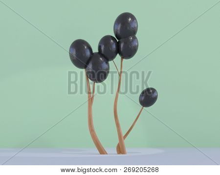 Cartoon Tree With A Black Buuble Fruits, 3d Illustration