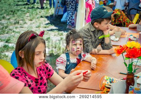 Zaporozhia/ukraine- June 2, 2018: Charity Family Festival- Children With Funny Face Paintings Partic
