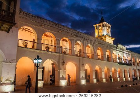 Salta, Argentina - April 8, 2015: Building Of The Former Town Council Cabildo On Plaza 9 De Julio Sq