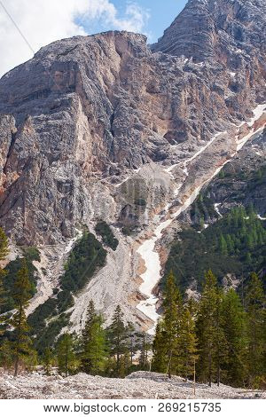 Mudflow With Snow High In The Alpine Mountains