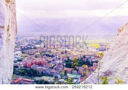Beautiful Cityscape From The Top Of The Mountain. Italy