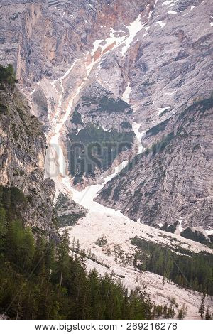 Mudflow With Snow High In The Alpine Mountains