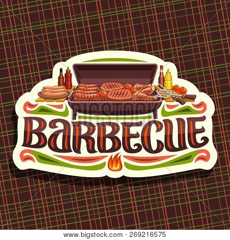 Vector Logo For Barbecue, White Vintage Label With Roasted Frankfurters, Fresh Tomatoes, Juicy Beefs