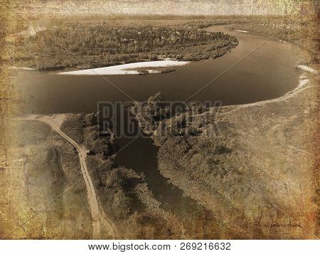 Drone image of river Desna stiled as vintage aerial image.