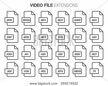 Flat Style Icon Set. Video, Movie, Film File Type, Extencion. Document Format.
