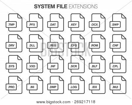 Flat Style Icon Set. System File Type, Extencion. Document Format. Pictogram.