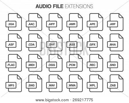 Flat Style Icon Set. Audio, Song, Voice Recording File Type, Extencion. Document Format.