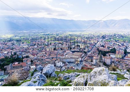 Beautiful Italian Cityscape From The Top Of The Mountain In Daylight.