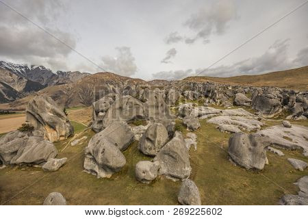 The Castle Hill Conservation Area or  Kura Tawhiti, Arthur's pass, Limestone rock formations, Southern Alps, South island, New Zealand